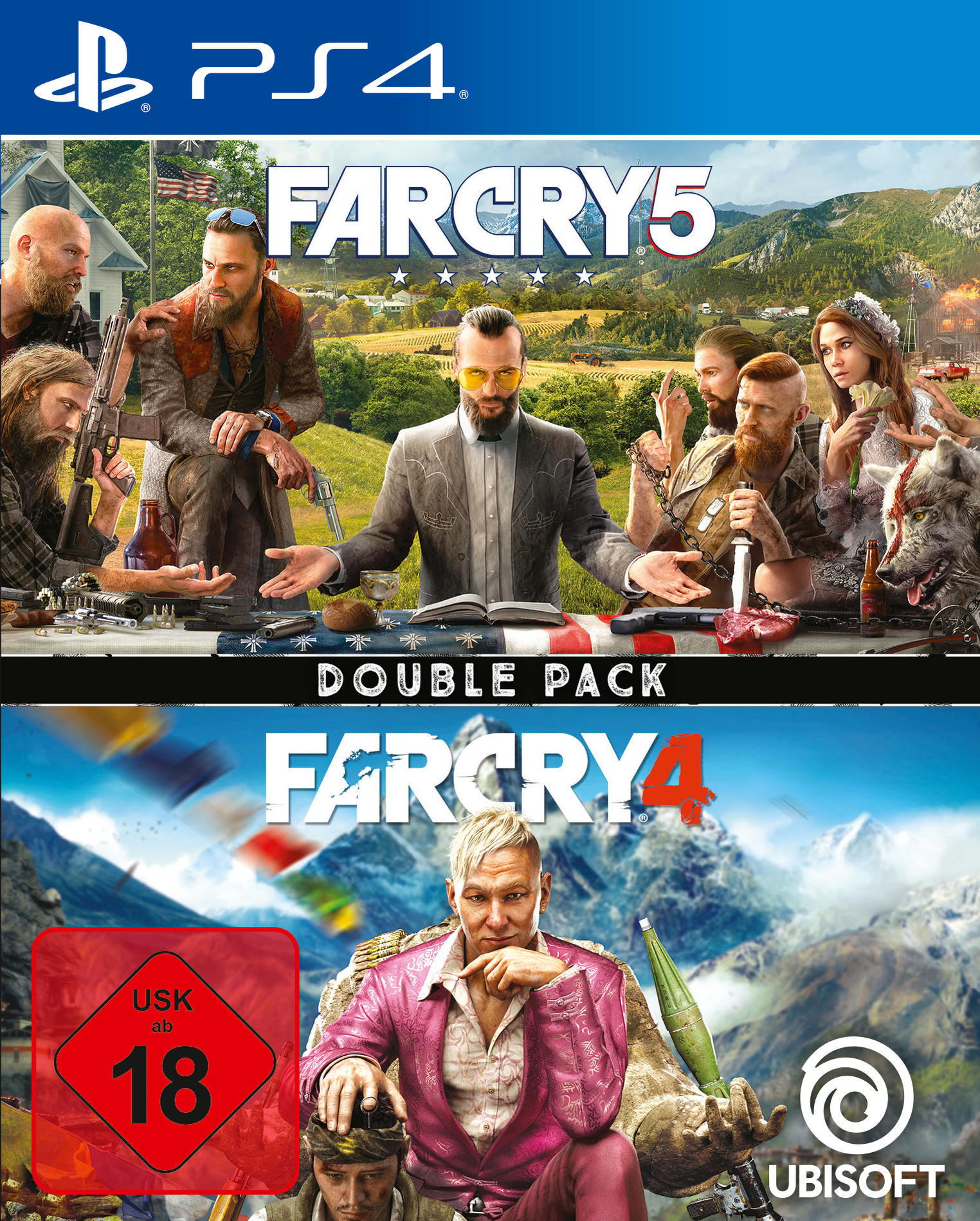 Videospiel-Cover für Far Cry 5 und 4. Zeigt Gruppen von Menschen mit einem Mann im Anzug. USK-Bewertung.