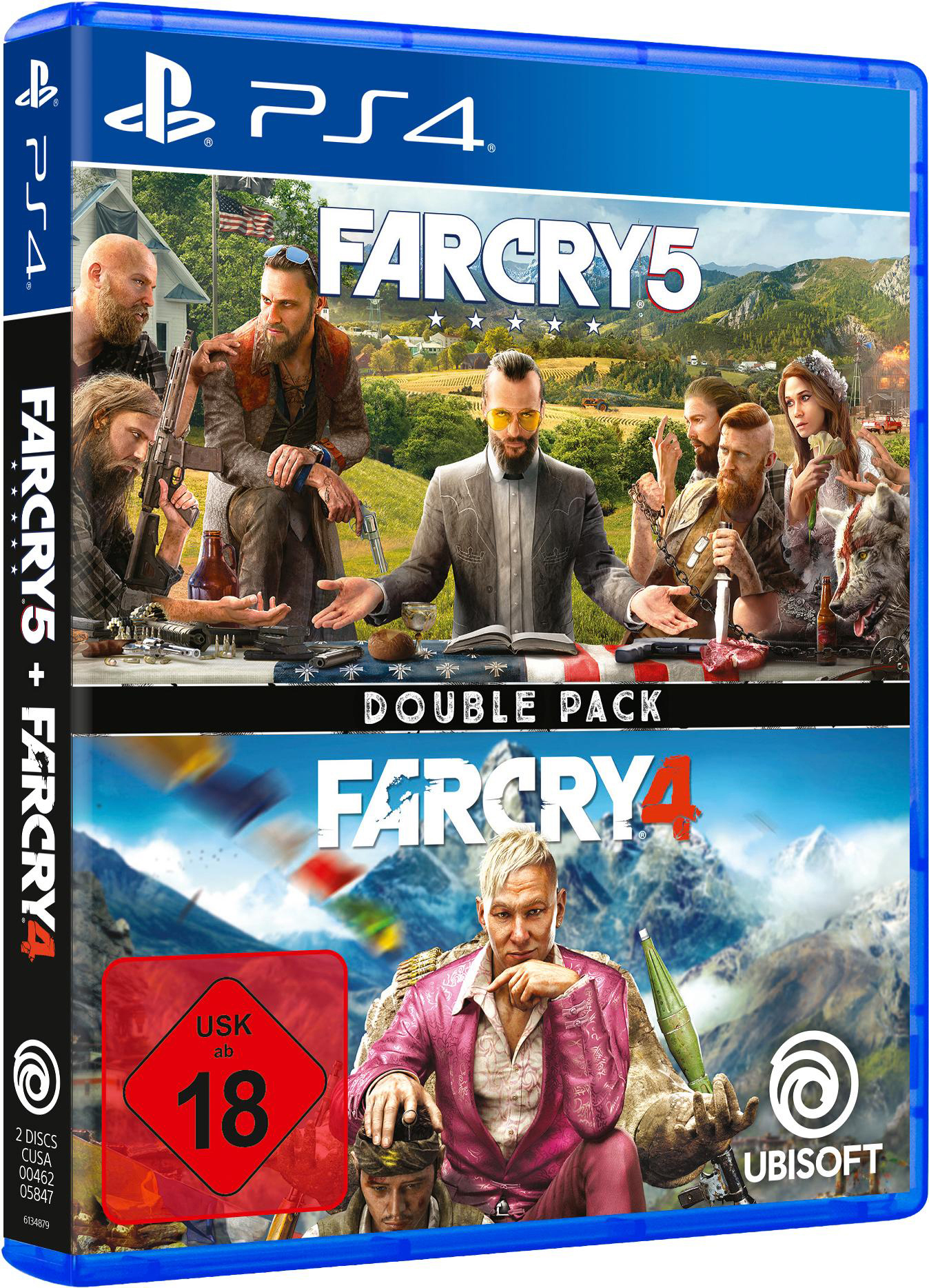 PS4-Spiel 'FarCry5' und 'FarCry4' Doppelpack-Box. USK 18 Bewertung.