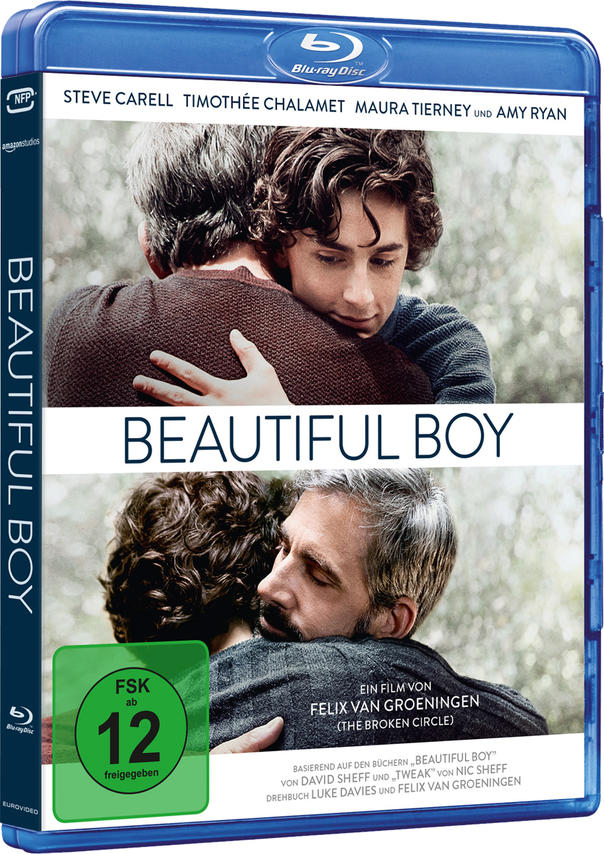 Filmcover mit zwei sich umarmenden Männern, dem Titel „Beautiful Boy“ und Schauspielernamen.
