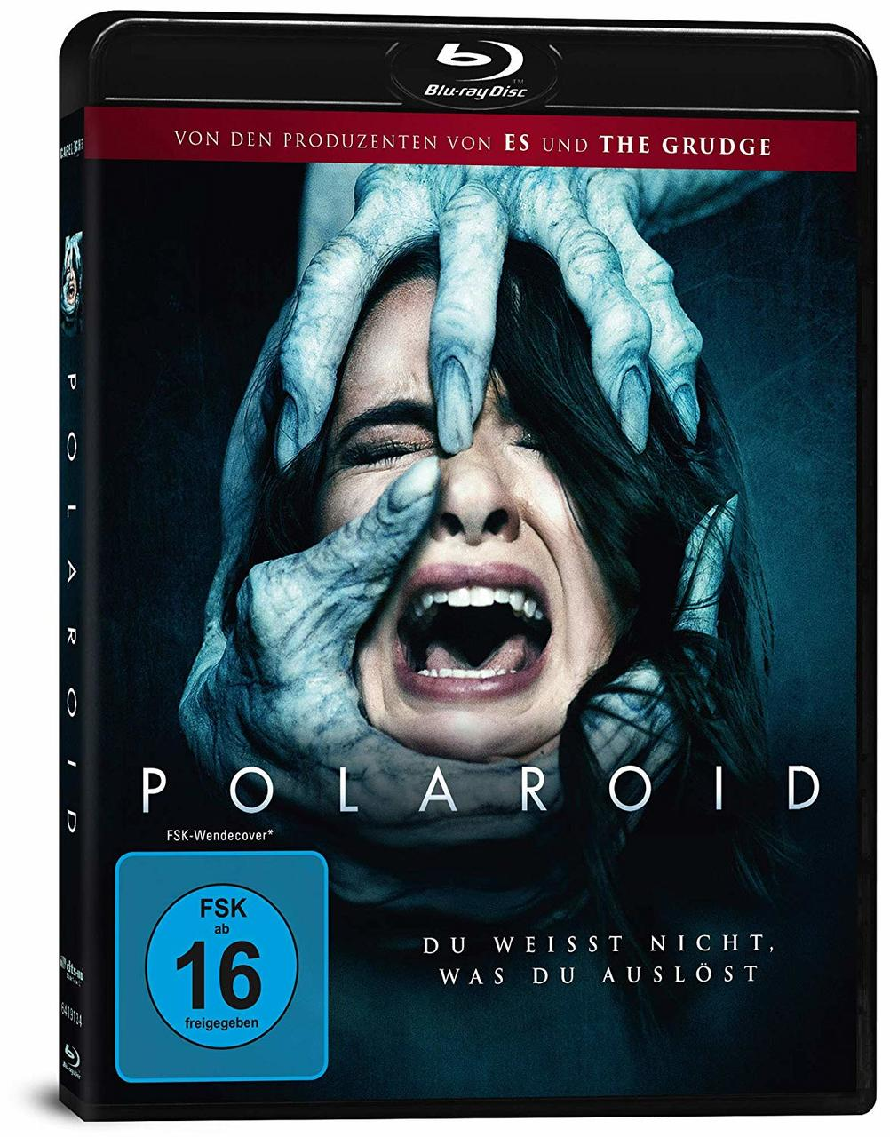 Blu-ray-Disc-Hülle. Das Cover zeigt eine schreiende Frau mit Händen, die ihr Gesicht bedecken. Der Film heißt Polaroid.