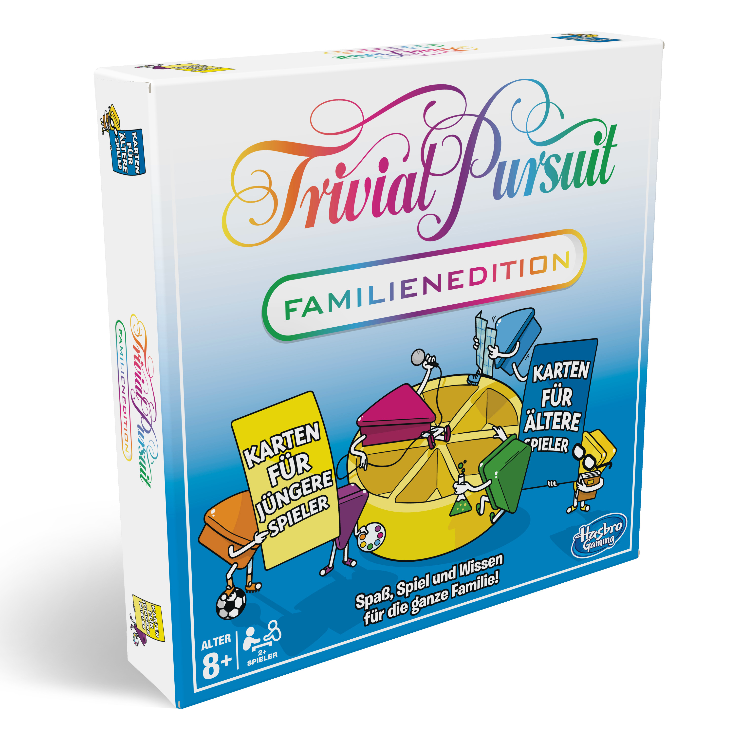 Trivial Pursuit Familienedition Spielbox. Zeigt Charaktere und Spielelemente. Text: 'Family Edition' und 'Hasbro Gaming'.