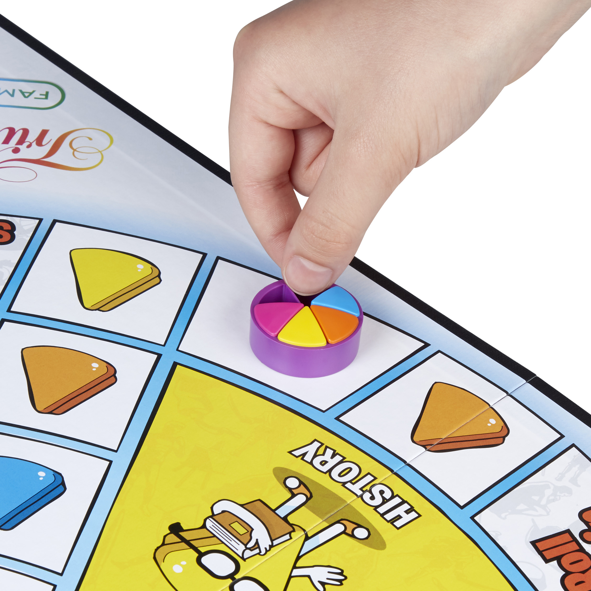 Hand platziert ein farbenfrohes Spielteil auf einem Brett. Das Brett hat Kategorien und ein 'Geschichte'-Abschnitt ist sichtbar.