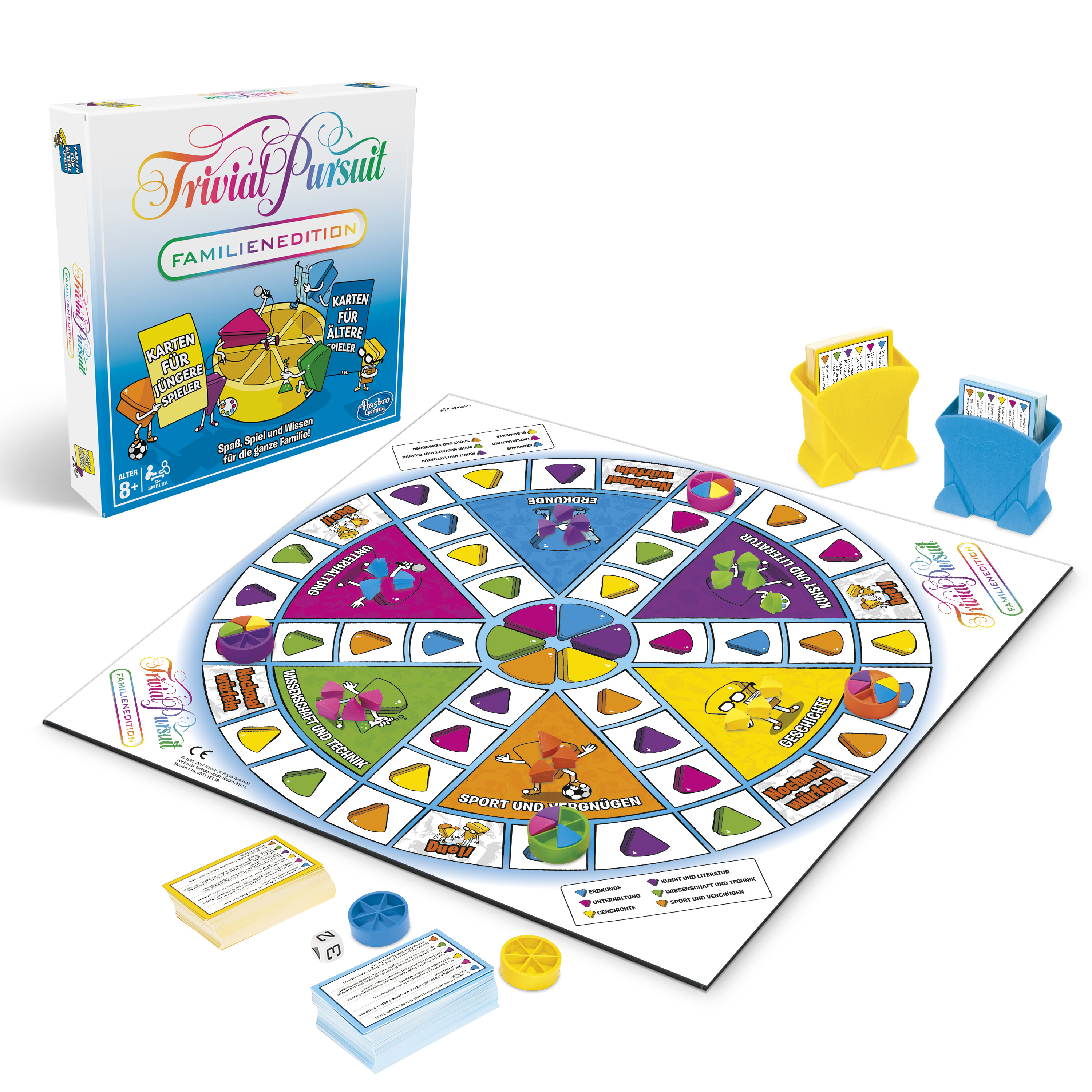 Trivial Pursuit Brettspiel. Kasten und Brett sind sichtbar, mit Spielsteinen und Karten.