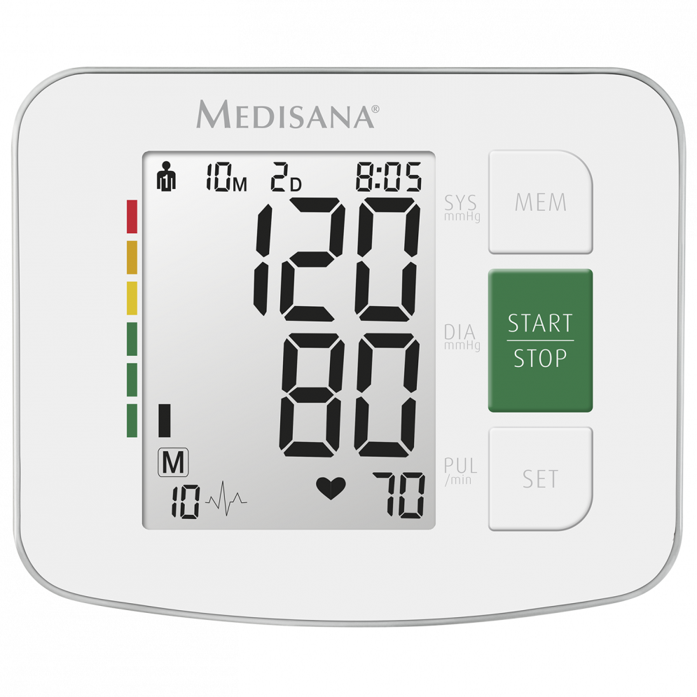 White blood pressure monitor displaying readings and buttons on a black background.