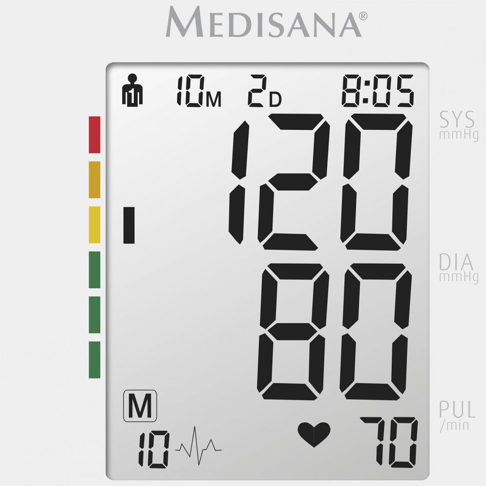 Blood pressure monitor screen. Shows readings: 120/80, pulse 70. Black numbers on white.