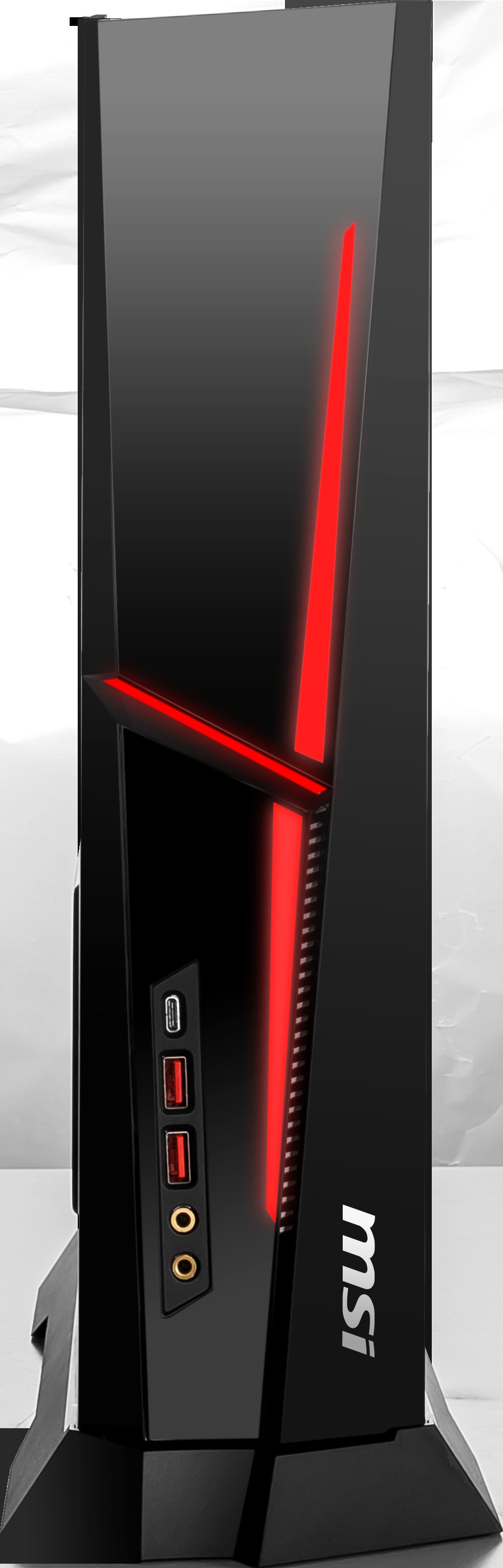 Schwarzes MSI PC-Gehäuse mit roten Lichtern.