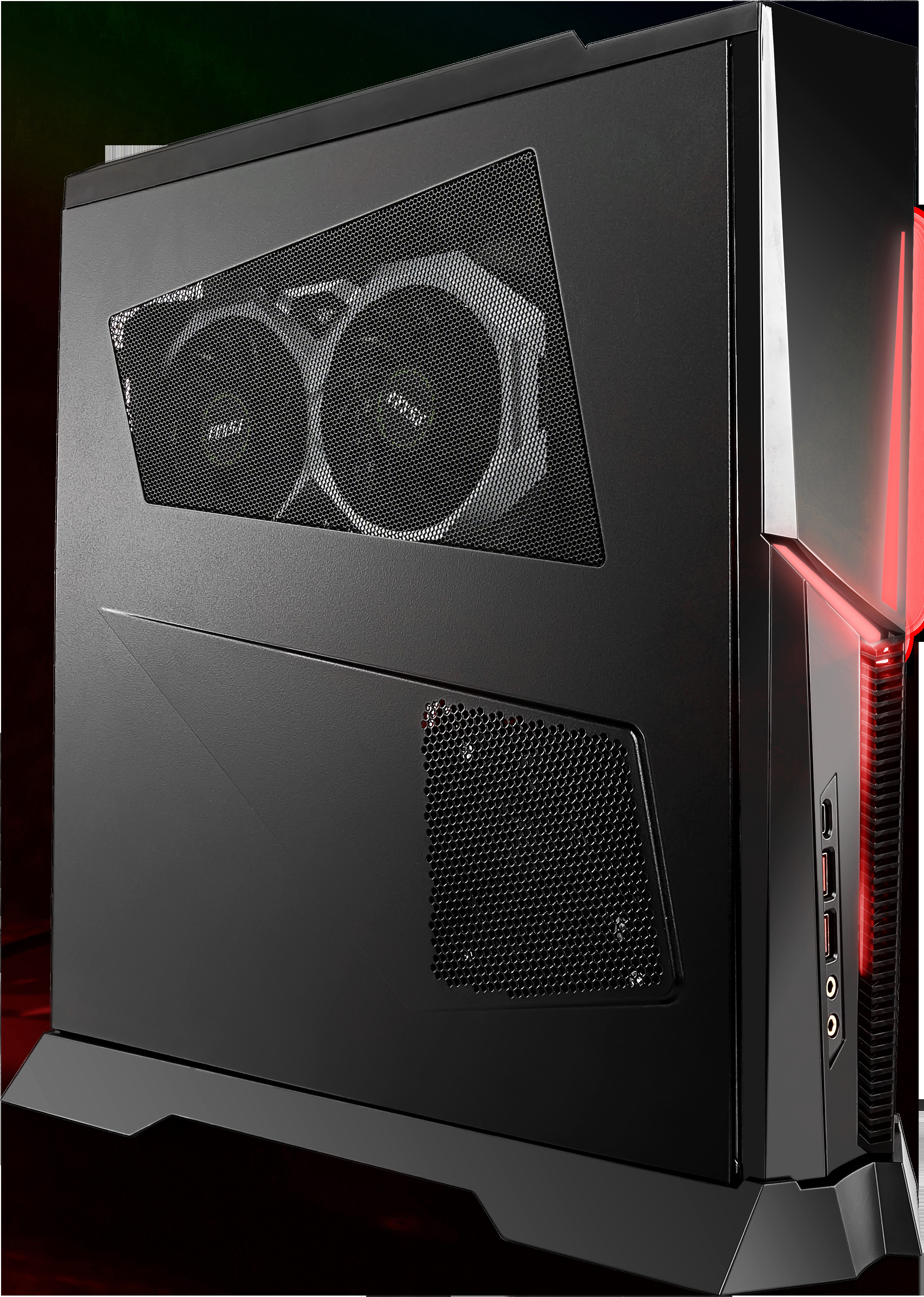 Ein schwarzes MSI-Computergehäuse mit Mesh und roten Lichtakzenten, schräge Ansicht.