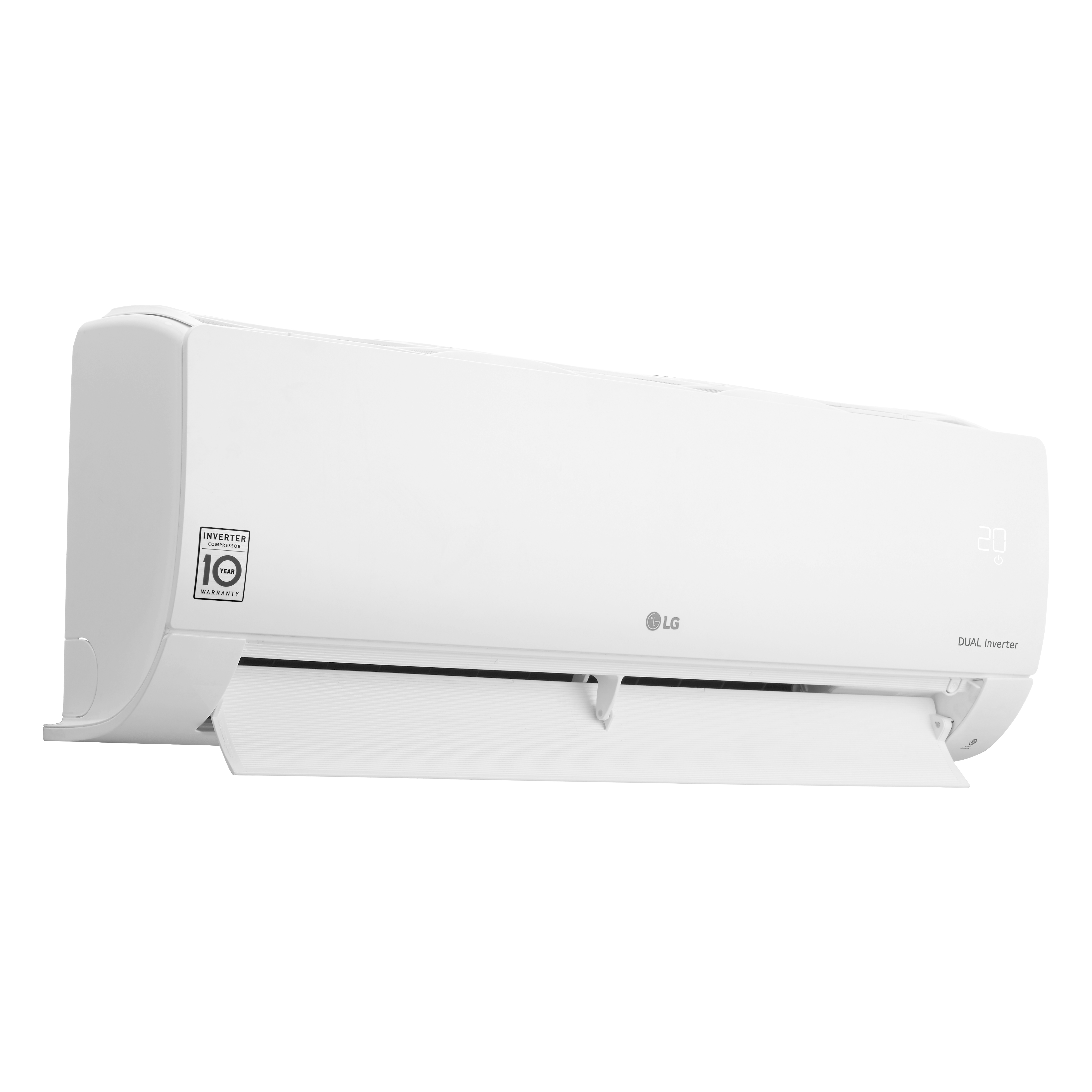 Beyaz bir LG Dual Inverter klima görüntüleniyor. 20'yi gösteren dijital bir ekrana sahip. 10 yıllık garanti etiketi görünür durumda.