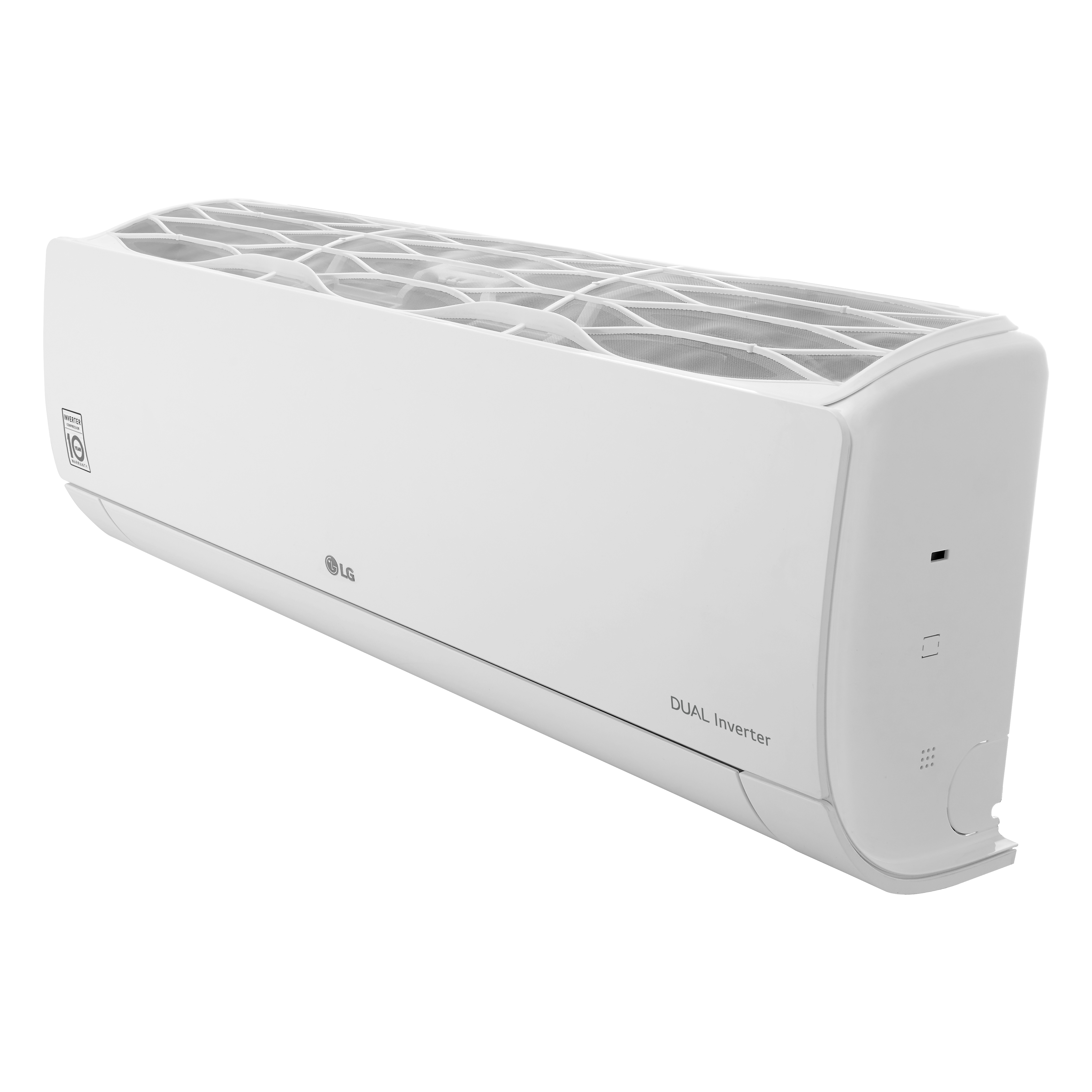 Beyaz bir LG Dual Inverter klima gösteriliyor. Sağ tarafa doğru açılı, üst havalandırma deliği açık.