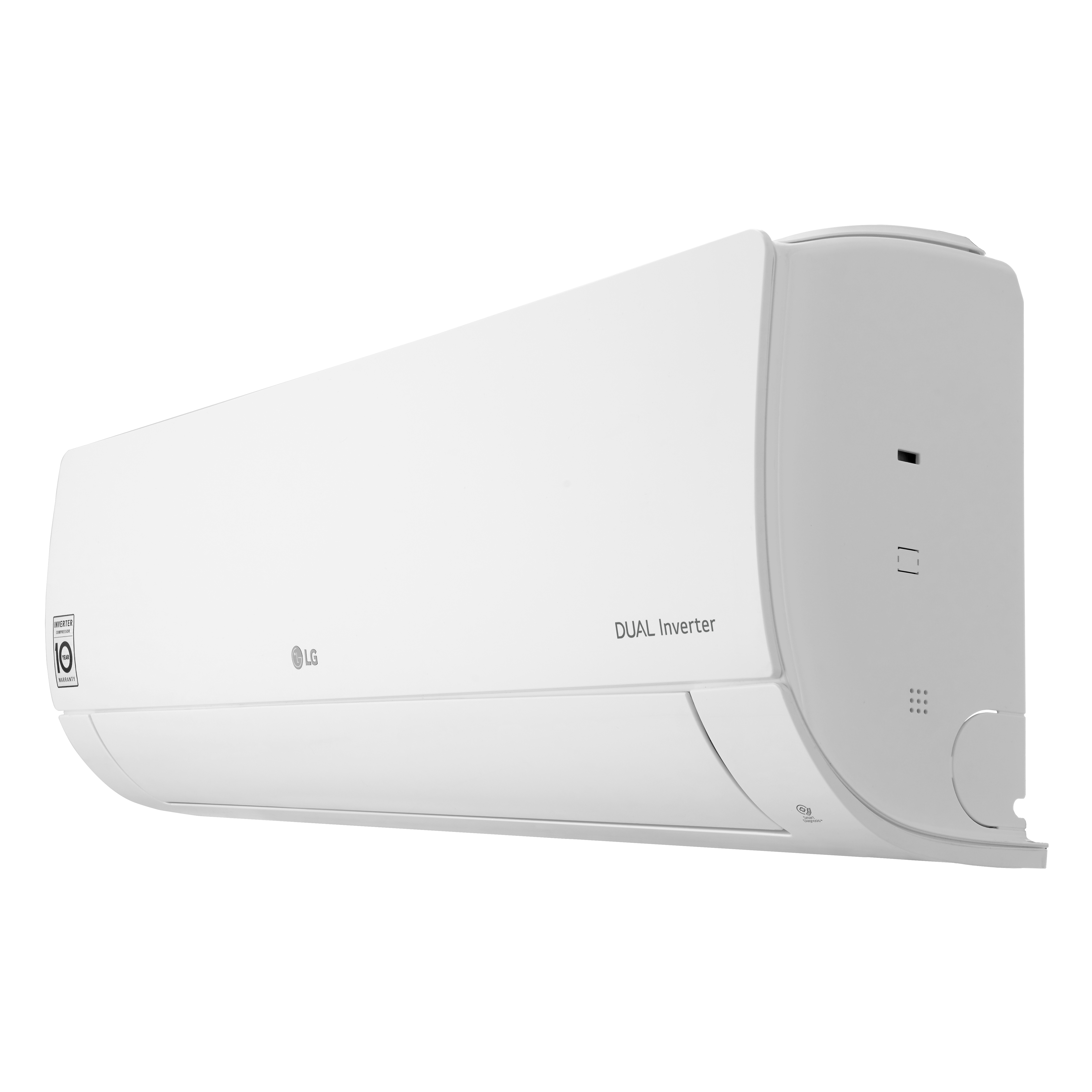 Beyaz bir LG Dual Inverter klima. Ünite beyaz bir arka plana monte edilmiştir. Kavisli bir tasarıma ve çeşitli havalandırma deliklerine sahiptir.