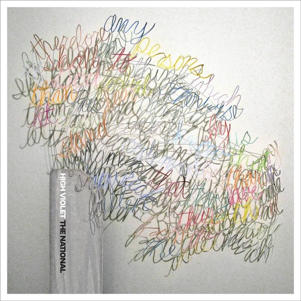 Une œuvre d'art abstraite colorée avec du texte manuscrit et un vase.