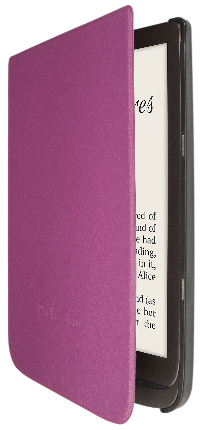 Paarse e-reader met een paarse cover. Beeldscherm toont tekst.