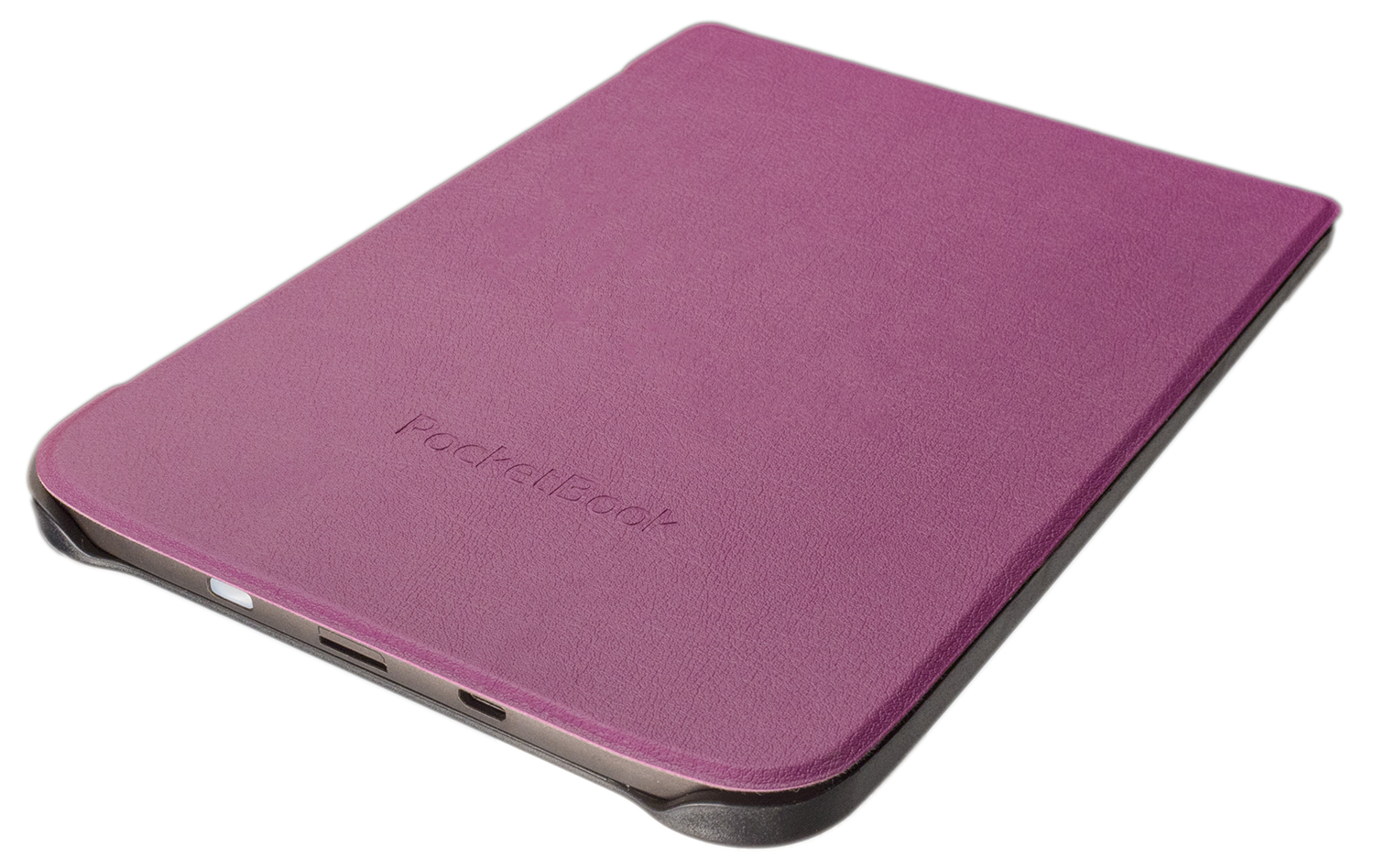 Een paarse PocketBook e-reader hoes wordt weergegeven. Hij is gesloten en schuin.