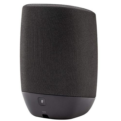Altavoz negro con cubierta de malla. Icono de micrófono en la parte inferior. Logotipo Polk.