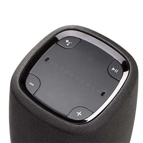 Parte superior de altavoz negro con controles táctiles, incluidos botones de volumen y reproducir/pausar.