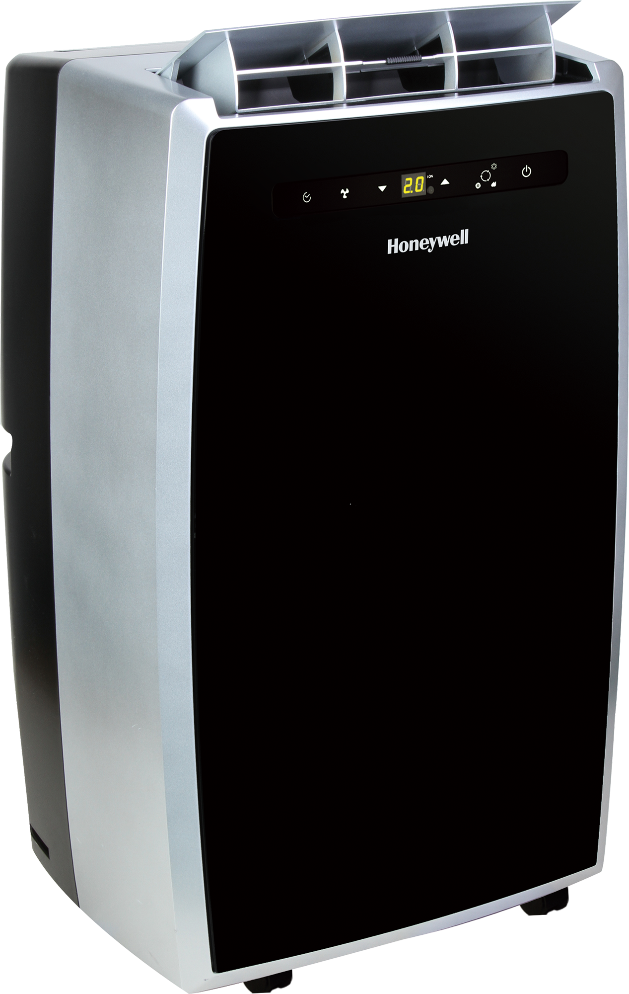 Black and silver Honeywell portable air conditioner. Digital display and control panel. White background.