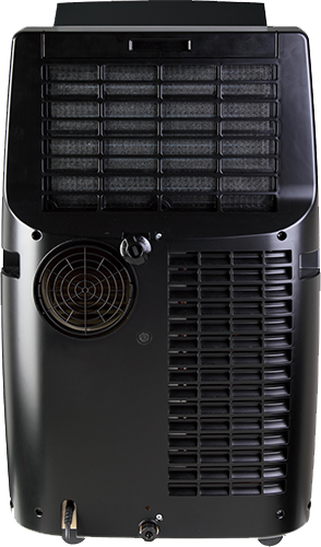 The back of a black portable air conditioner. It has vents and a fan.