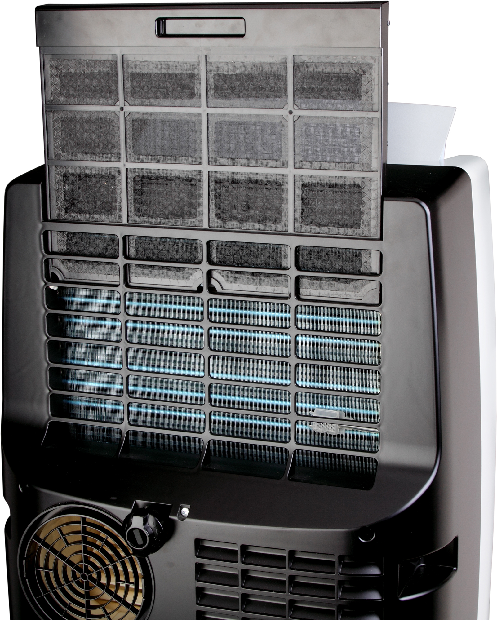 Air conditioner with filter removed, showing internal components. Black and white.