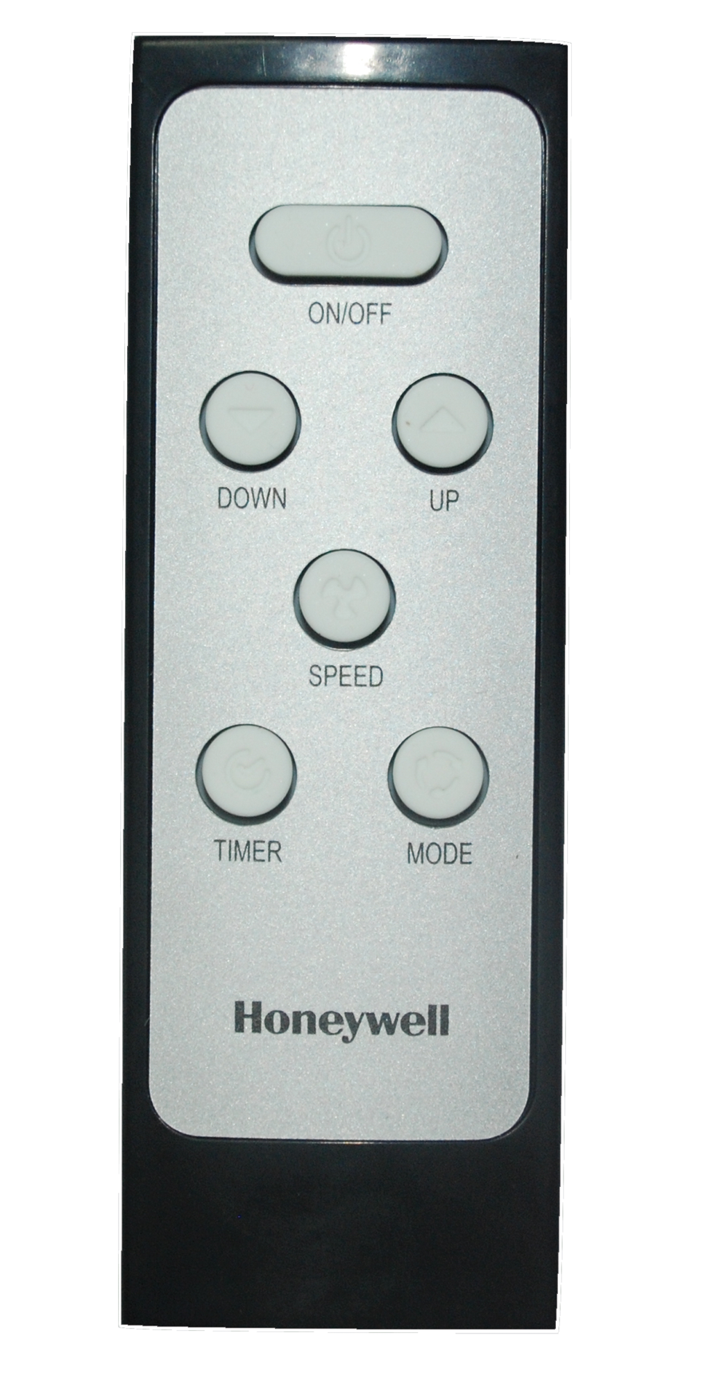 Honeywell remote control with power, up, down, speed, timer, and mode buttons.