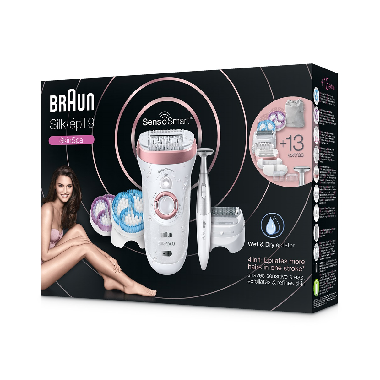 Depiladora - Braun Silk-épil 9 Beauty Set 9/985 BS, Wet & Dry, SensoSmart, Inalámbrica, 8 accesorios