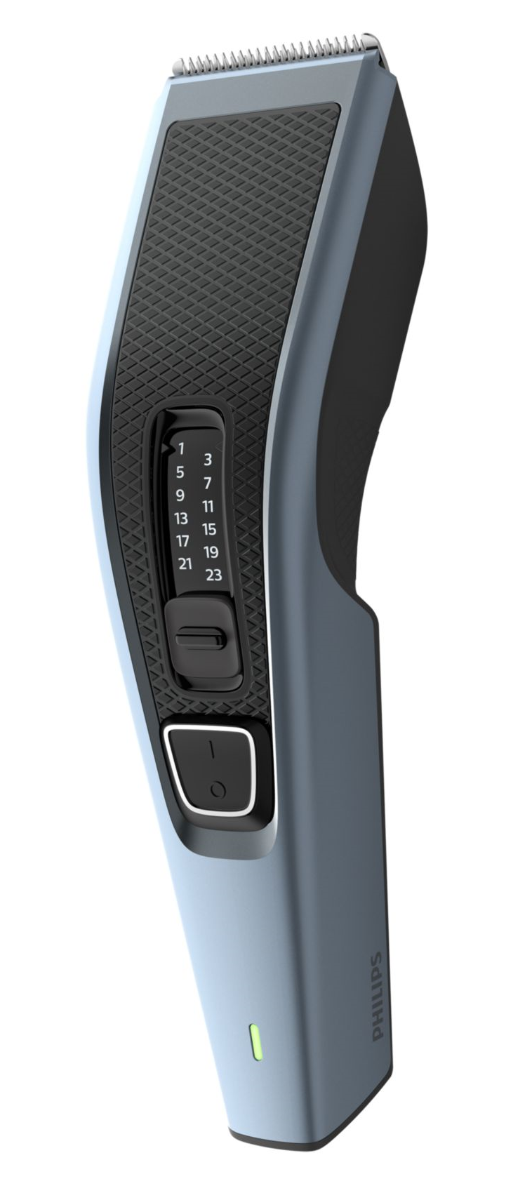 Blue and black Philips hair clipper with adjustable settings, white background.