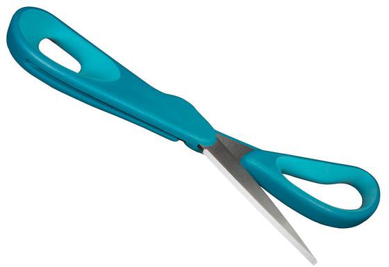 Turquoise schaar met turquoise handvatten op een witte achtergrond.