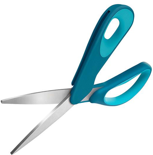 Een paar blauwgroene scharen met zilveren bladen, open en iets schuin naar de kijker gericht.