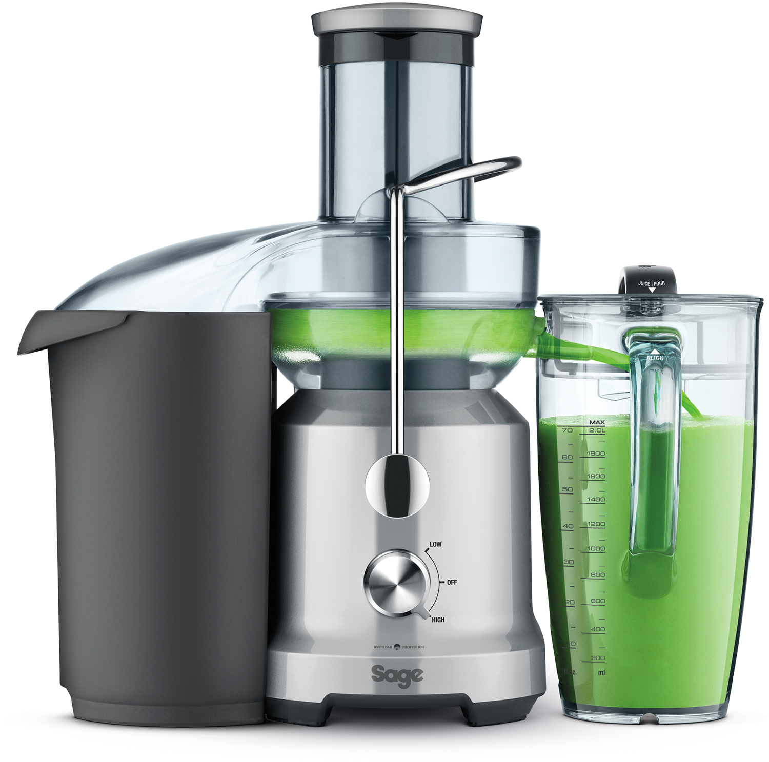 Zilveren sapcentrifuge met een bak groene sap en een afvalbak.
