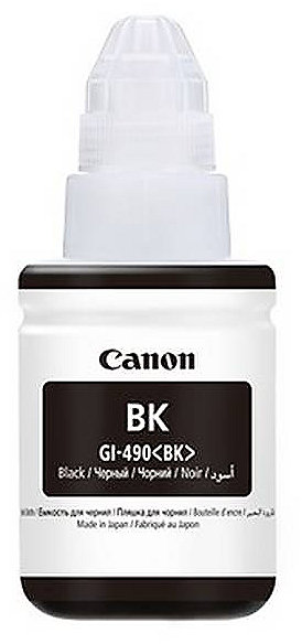 Schwarze Canon-Tintenflasche mit weißem Deckel. Schwarze Tinte und weißes Etikett.