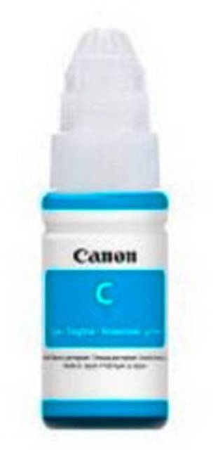 Eine kleine Canon-Tintenflasche mit blauem Etikett und weißem Deckel.