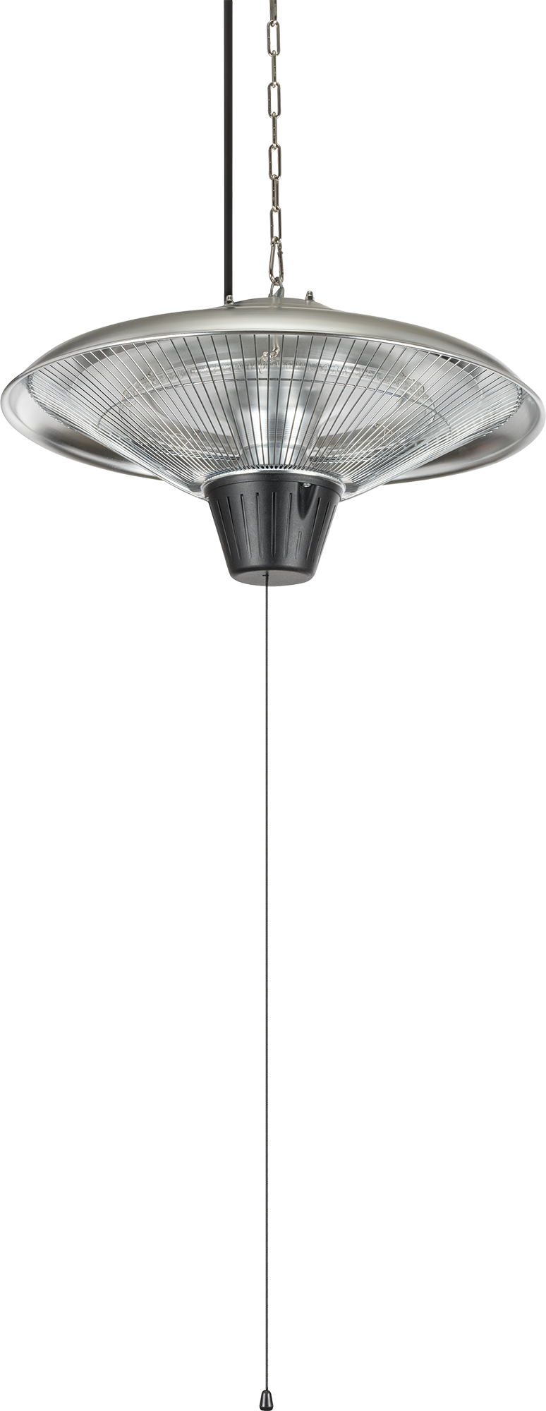 A silver, circular patio heater hangs from chains. It has a black base and a wire mesh reflector. The background is white.