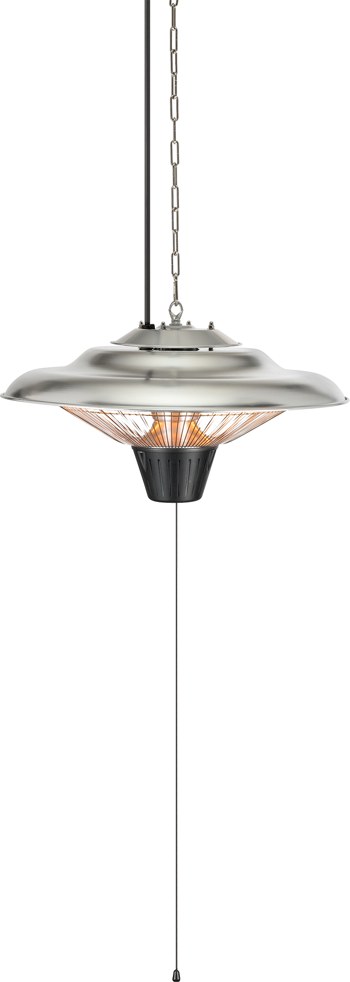 A hanging patio heater with a silver reflector, black base, and chain. The heating element is visible.