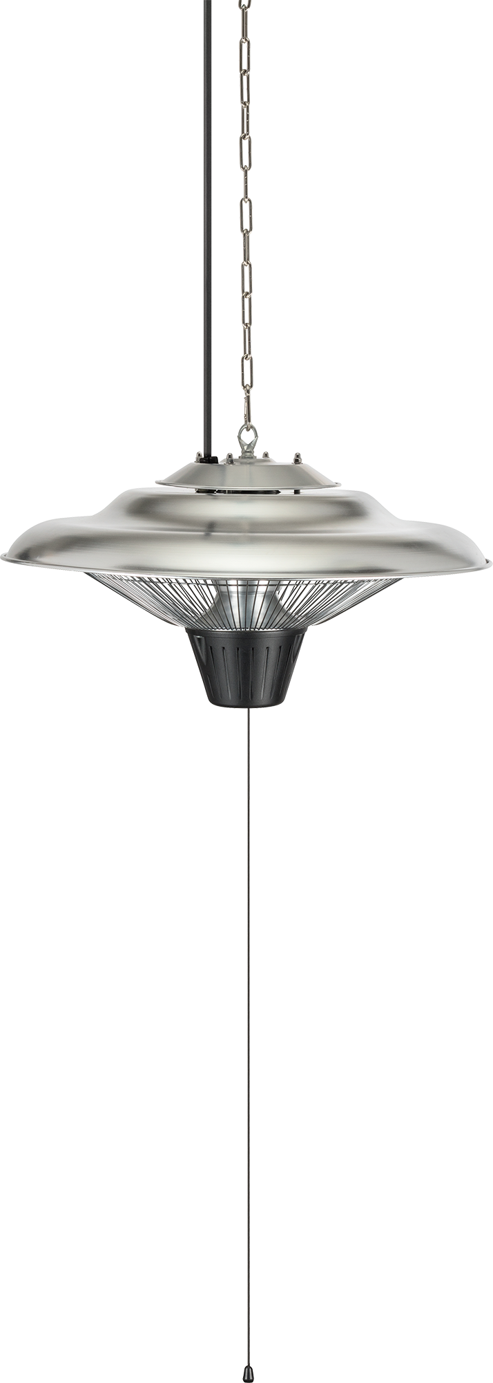 A hanging patio heater. It has a silver top, black bottom and is suspended by a chain.
