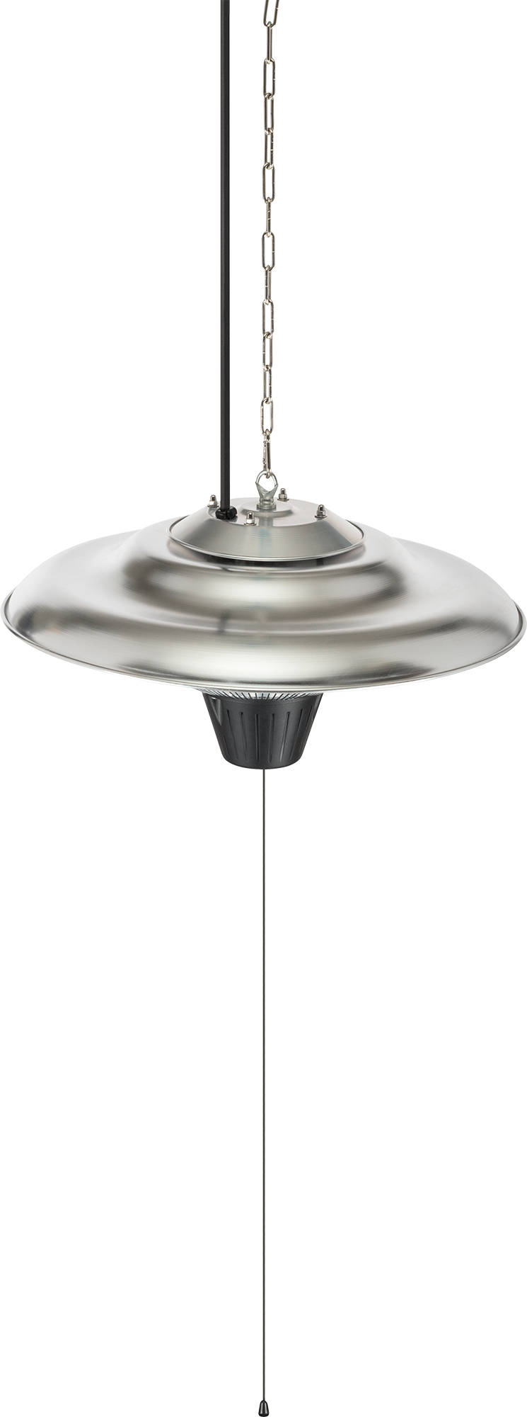 A silver hanging patio heater is suspended by a chain. A black rectangular support is attached to the heater.