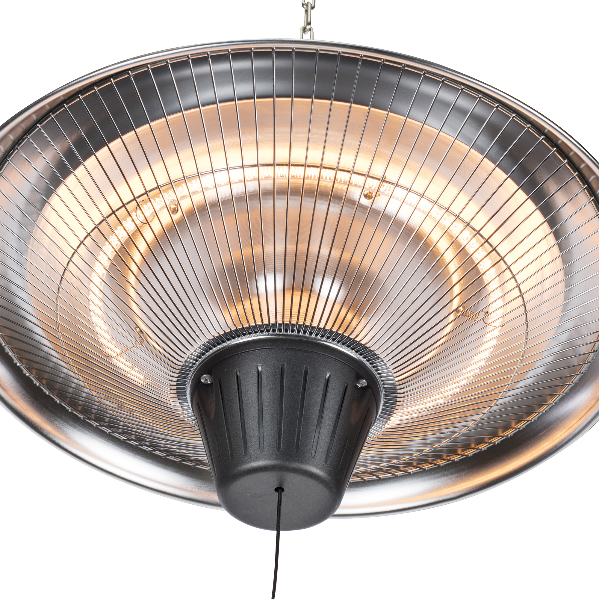 A silver, circular, hanging patio heater. It has a black base and a wire grill. The light is orange.