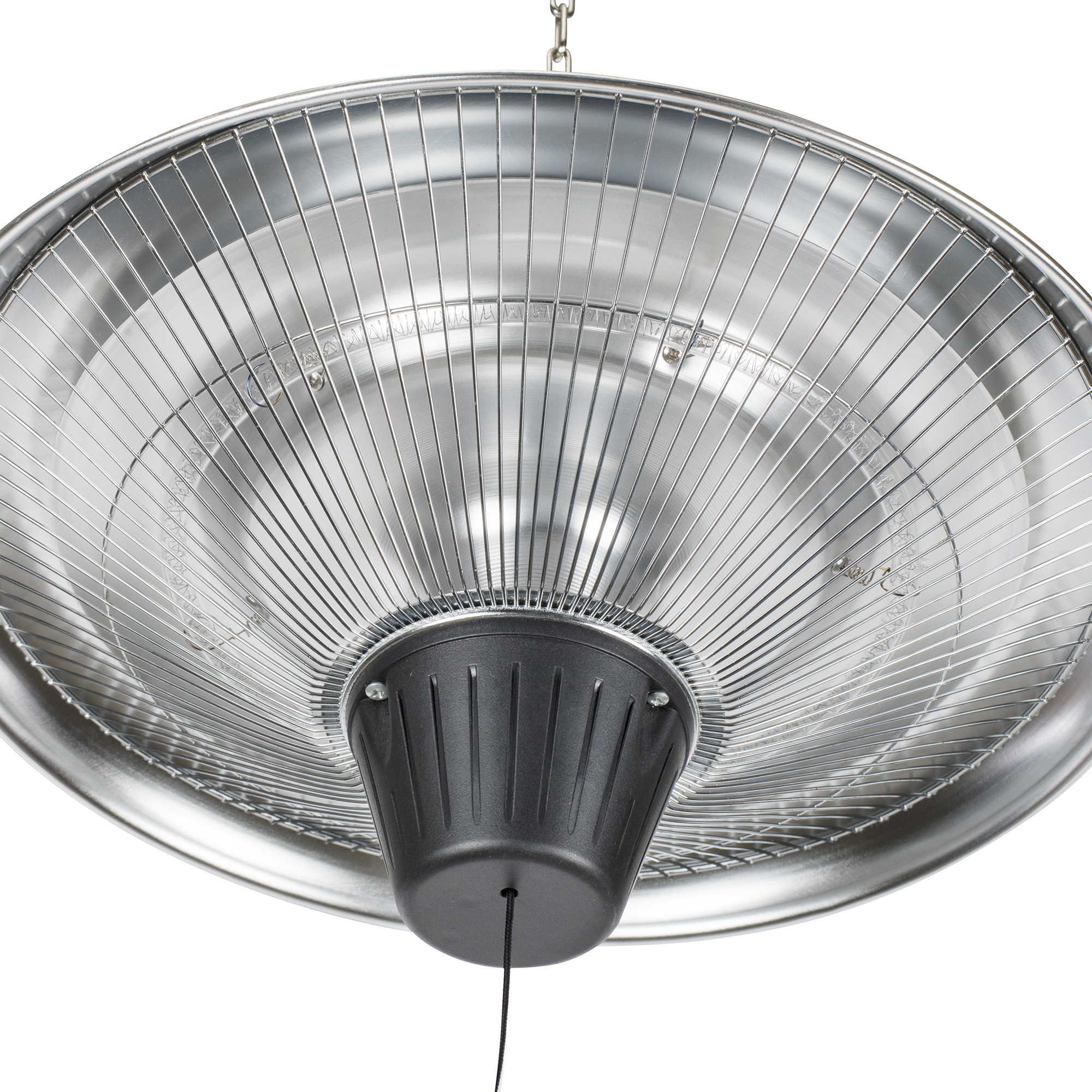 A silver and black outdoor heater, hanging from a chain. It has a wire grid and a black base with a pull cord.