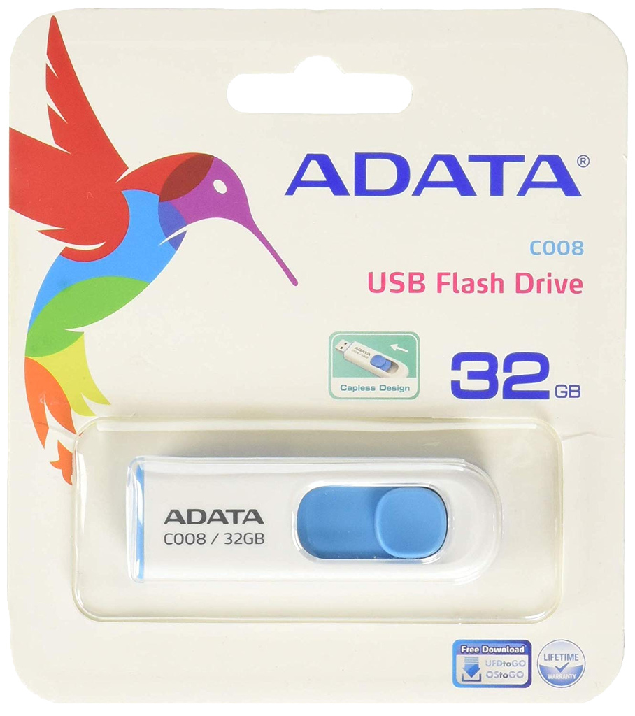 ADATA USB flash meghajtó műanyag csomagolásban. Színes kolibri képpel.