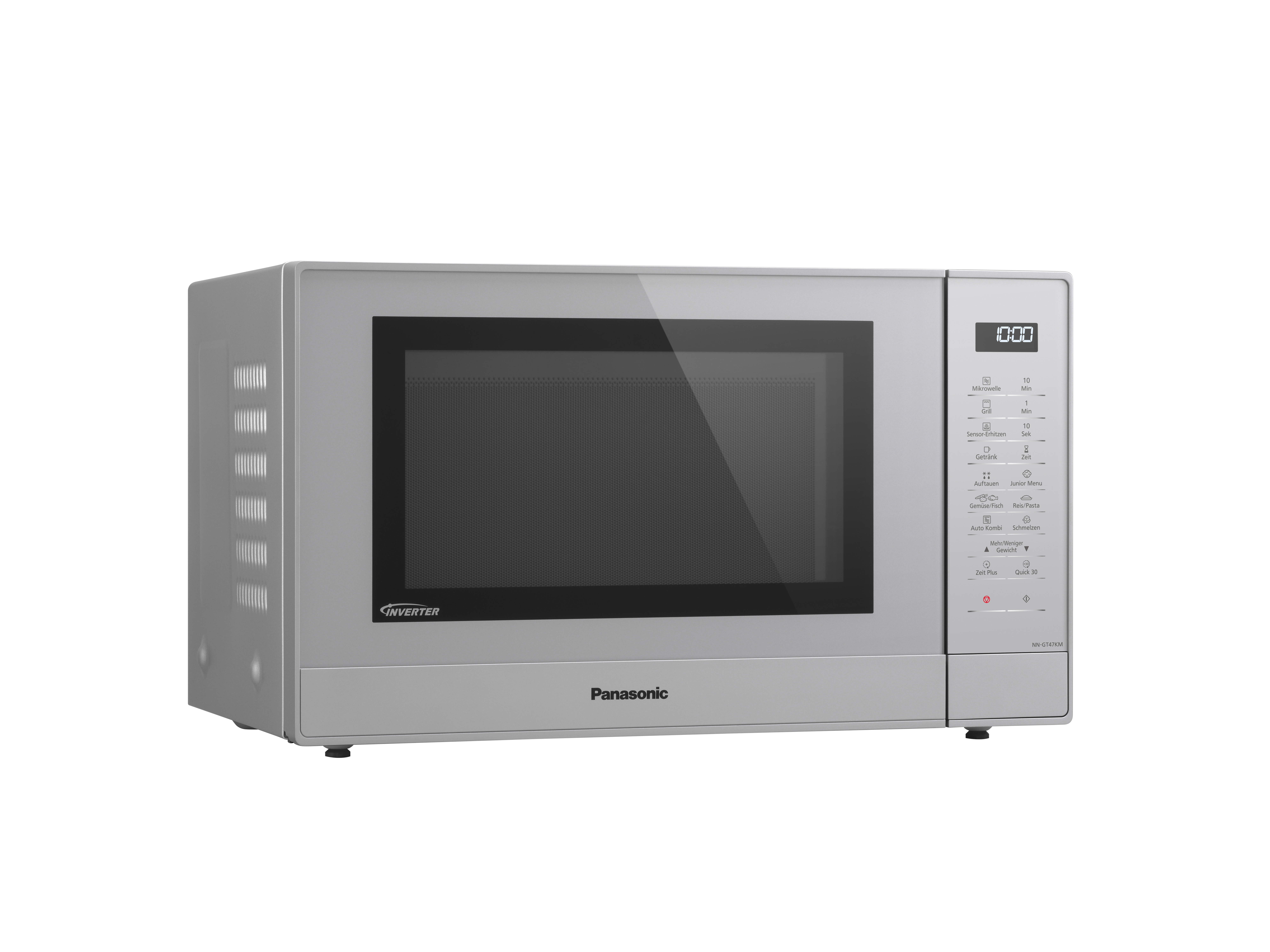 Silberne Panasonic-Mikrowelle, Digitalanzeige zeigt 10:00 Uhr. Knöpfe auf der rechten Seite.