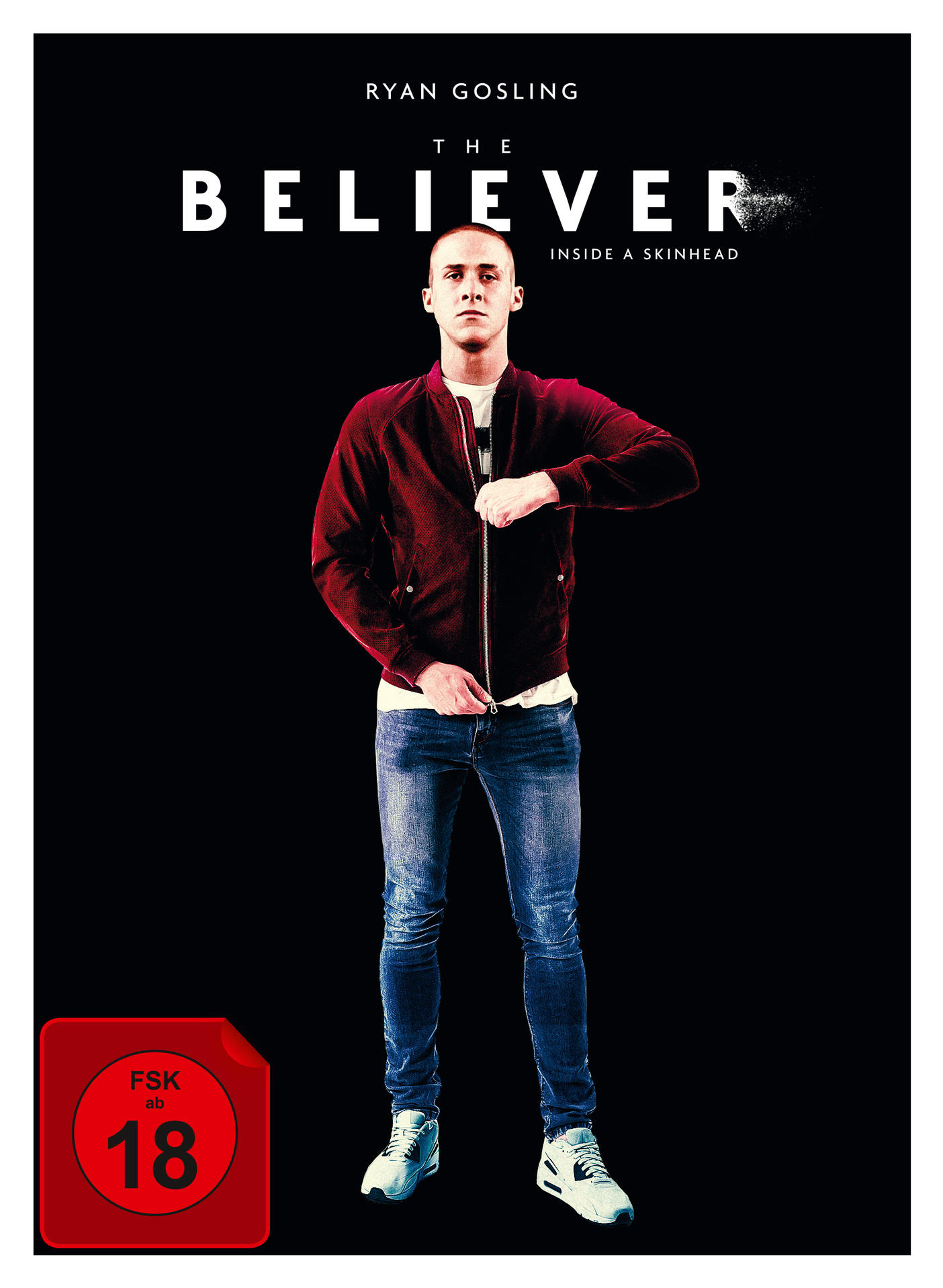 Filmposter für The Believer, mit Ryan Gosling und roter Jacke auf schwarzem Hintergrund.