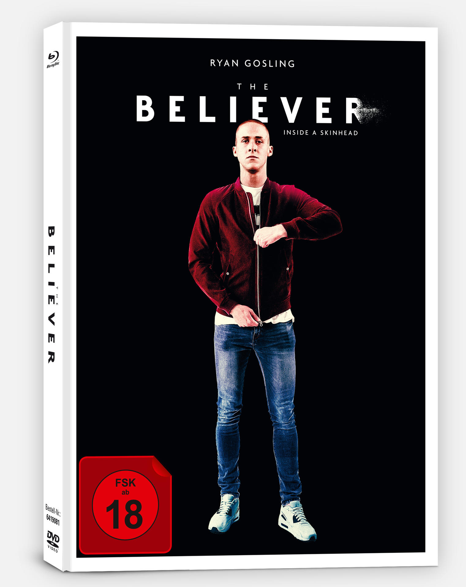 Filmcover mit Ryan Gosling. Text: The Believer. Inside a skinhead. Schwarzer Hintergrund.