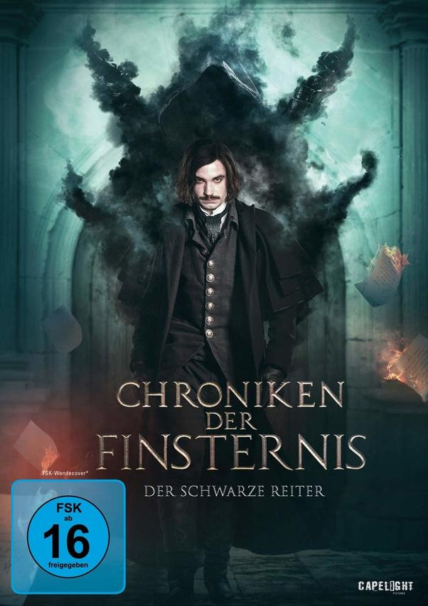 Filmplakat: Ein Mann in schwarzem Mantel steht vor einer dunklen Gestalt. Text: Chroniken der Finsternis, Der Schwarze Reiter, FSK 16.