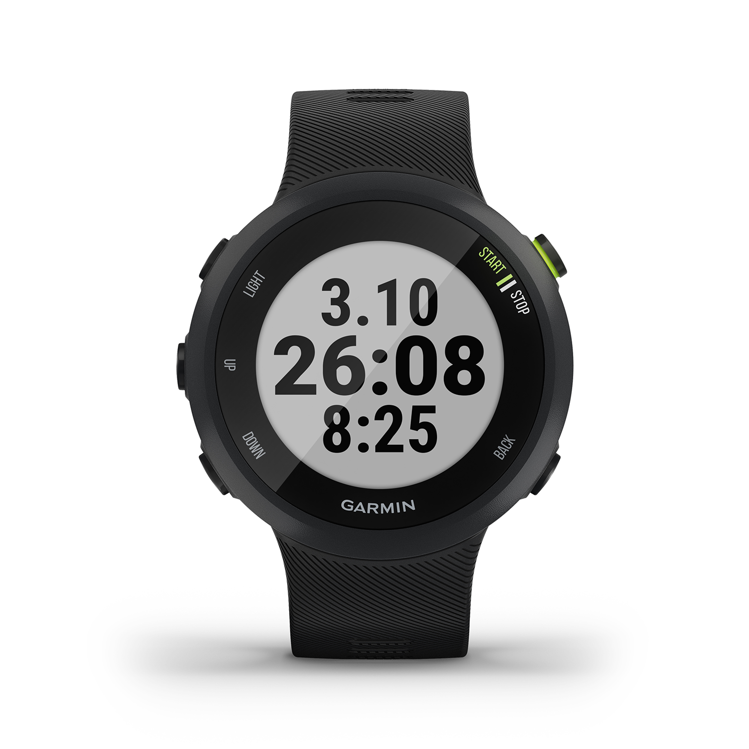 Een zwart Garmin-horloge met tijd, datum en hardloopstatistieken op een witte achtergrond.
