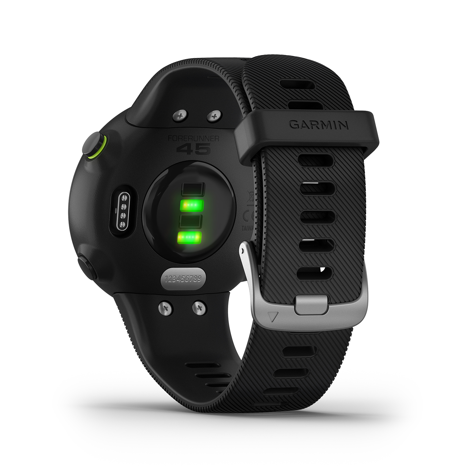 Zwarte smartwatch met een zwarte band. Het groene lampje toont het batterijniveau.