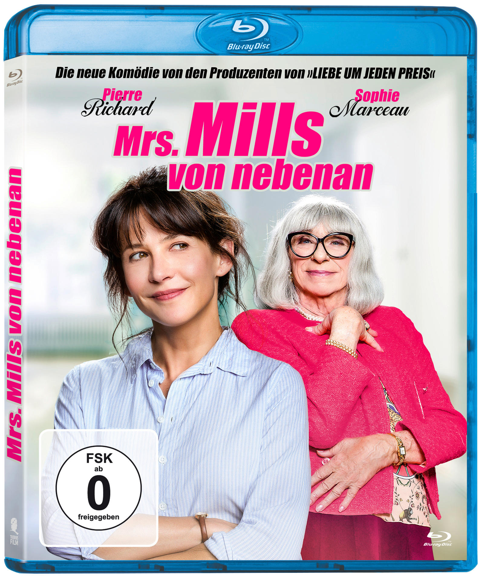 Filmcover: Sophie Marceau und eine andere Frau in blauem Gehäuse, Titel: Mrs. Mills. Blaue und rosa Farben.