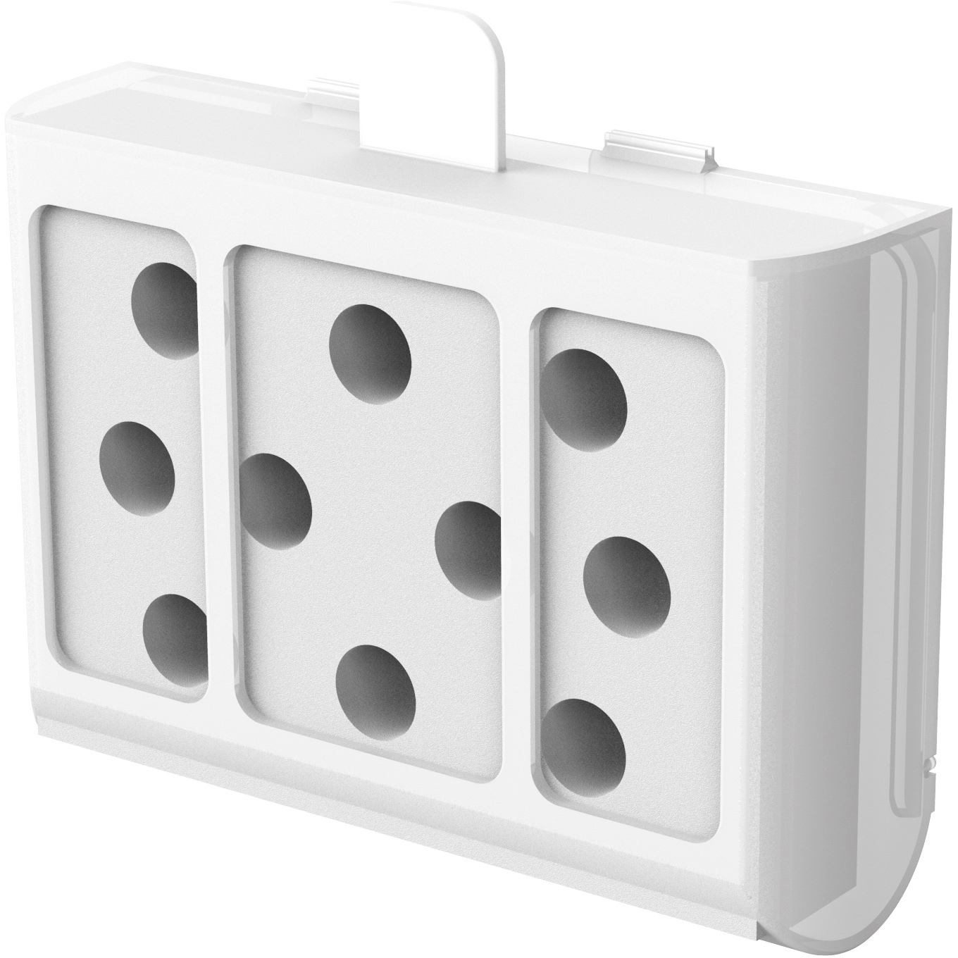 Weiße Plastikbox mit Löchern. Es hat einen Griff und einen Deckel.