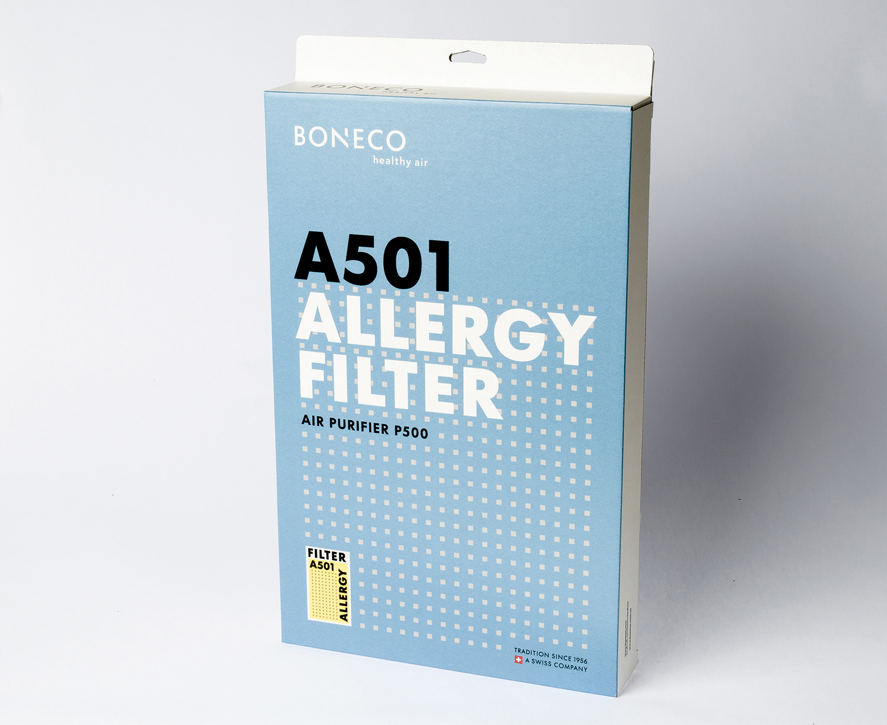 Blaue und weiße Schachtel mit "A501 Allergy Filter". Die Schachtel ist für den Luftreiniger P500.