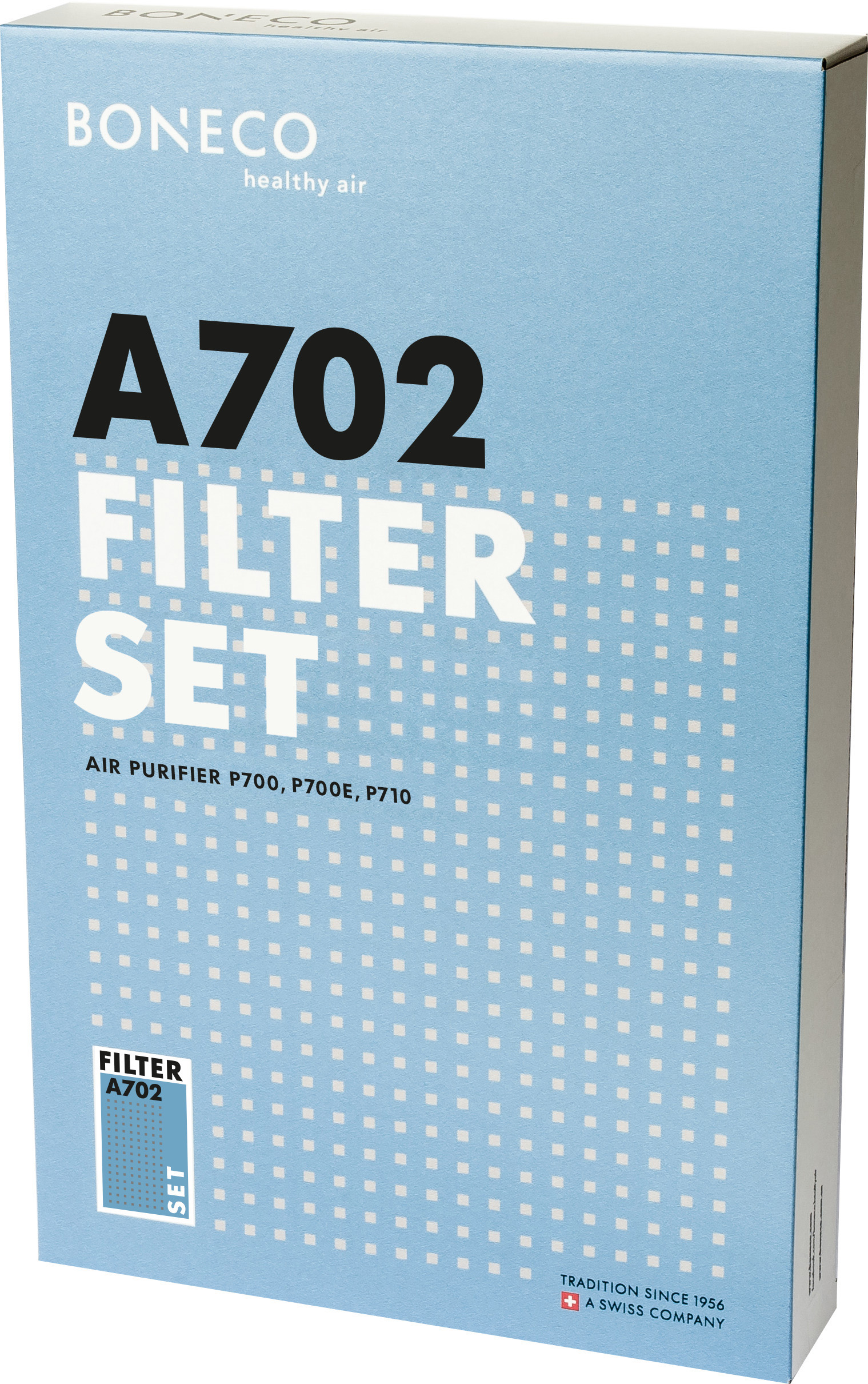 Eine blaue Box mit dem Text 'A702 FILTER SET' in großen weißen Buchstaben, Marke ist BONECO.