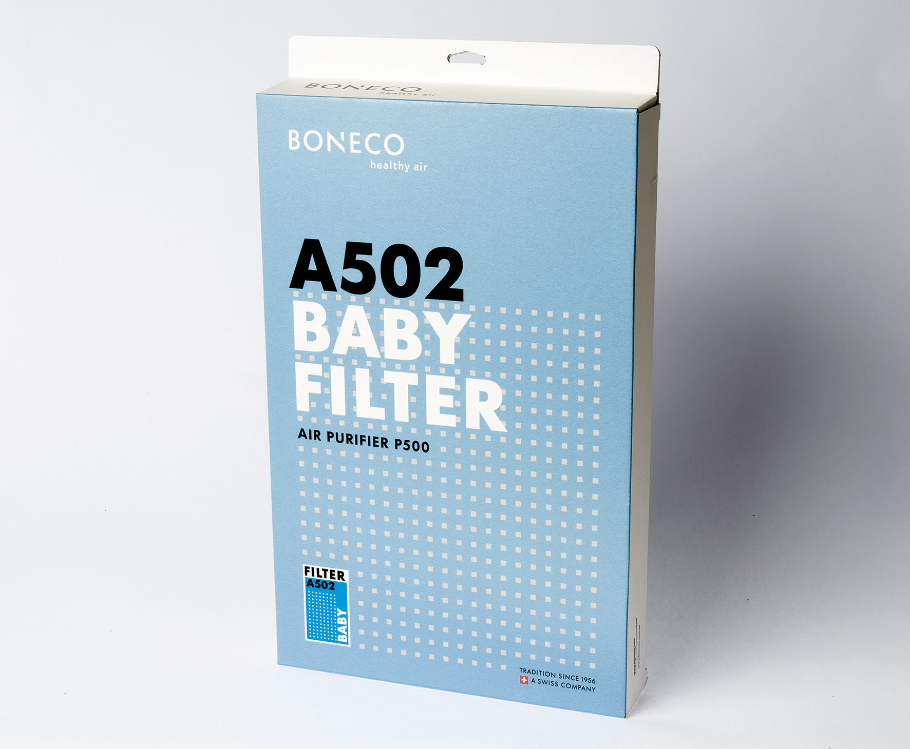 Eine blau-weiße Box für einen Baby-Luftfilter, mit Text und einem Logo.