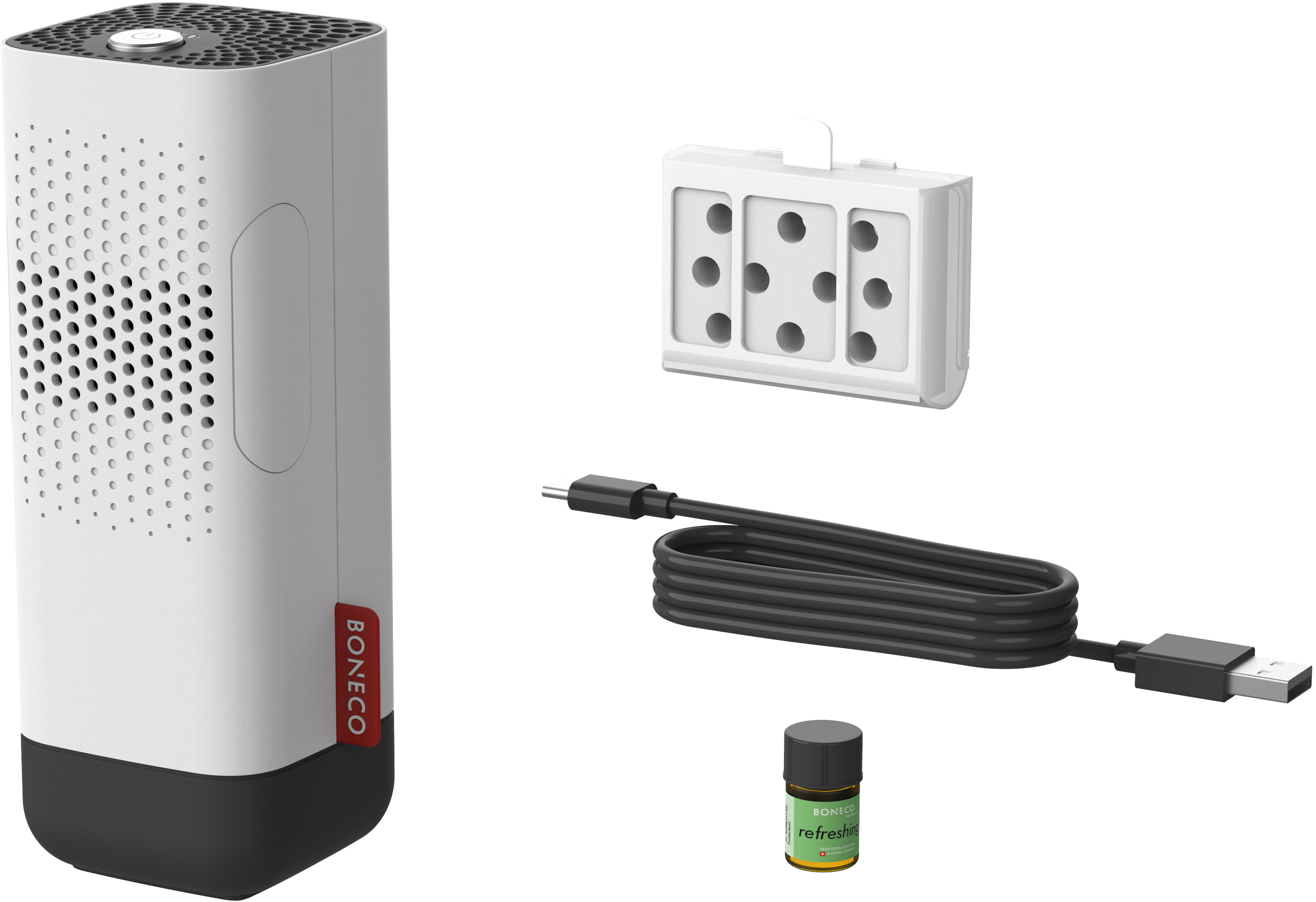 Weiß-schwarzer Luftreiniger mit Steckdosenadapter, USB-Kabel und kleiner Flasche.