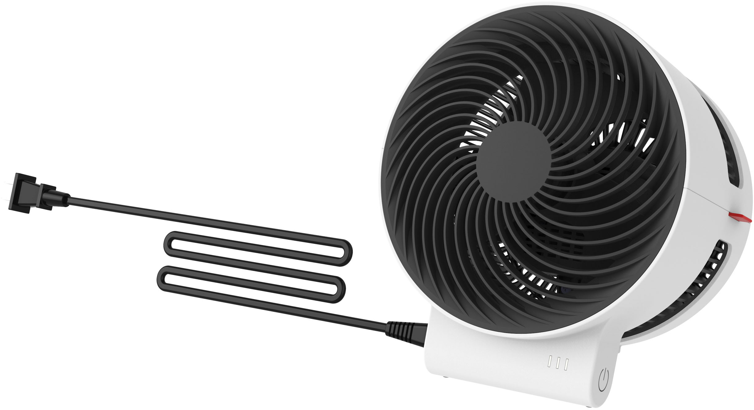 Weißer und schwarzer Ventilator mit gebogenen Blättern. Schwarzes Netzkabel links.